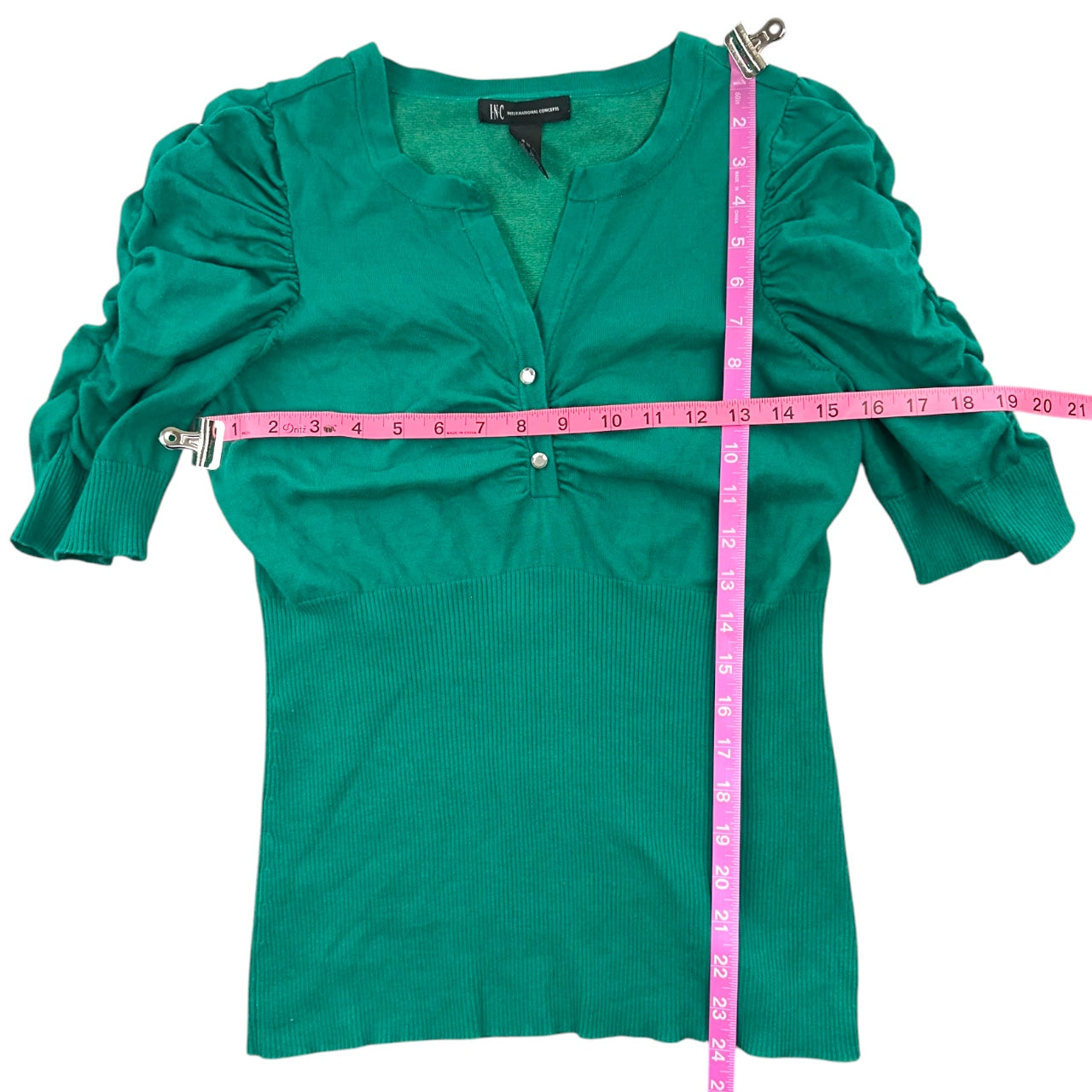 Vintage INC International Concepts Green V-Neck Puff Sleeve Sweater Top