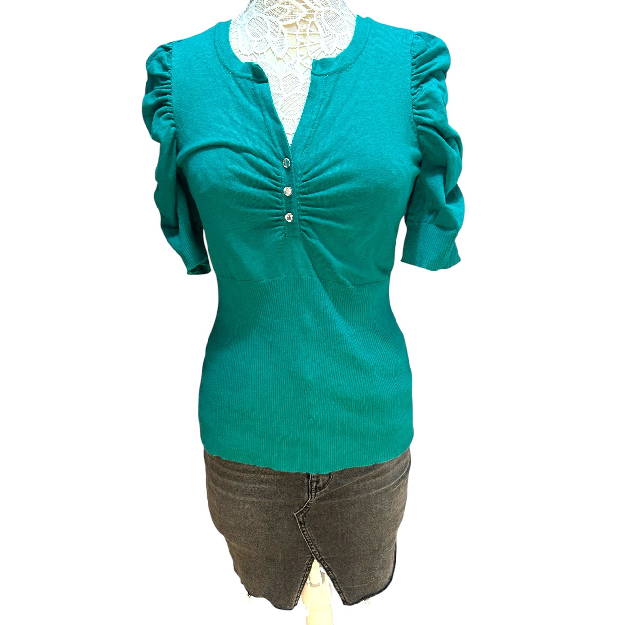Vintage INC International Concepts Green V-Neck Puff Sleeve Sweater Top