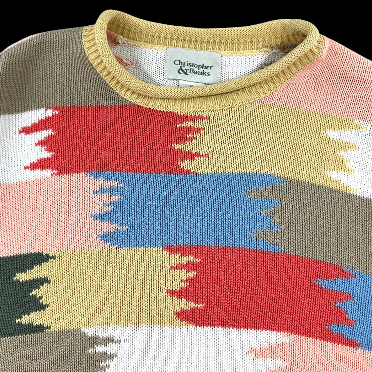 Christopher & Banks Multi Color Abstract Block Pattern Short Sleeve Sweater