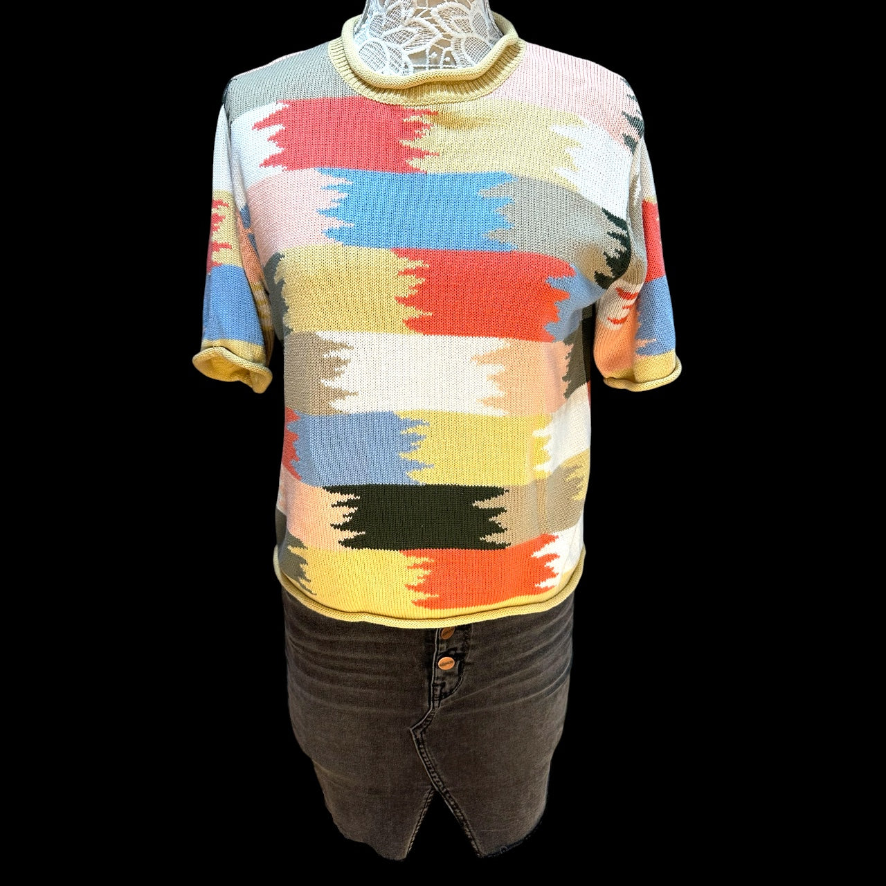 Christopher & Banks Multi Color Abstract Block Pattern Short Sleeve Sweater