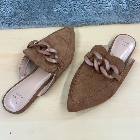 A New Day Faux Suede Mules Brown Pointed Toe Slides with Chain Accent NWOT