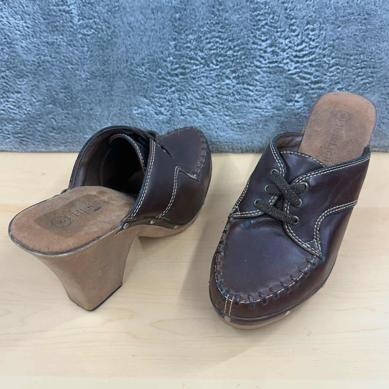 Vintage Y2K Boho Highlights Brown Leather Heeled Mules Moccasin Clogs