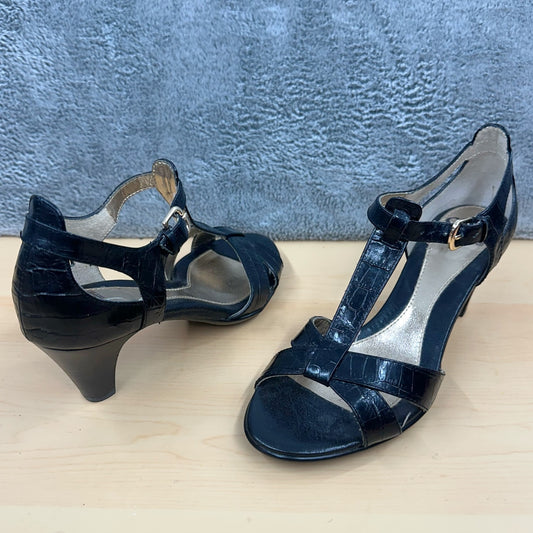 intage Sofft Black Croc Embossed T Strap Open Toe Sandals Heels