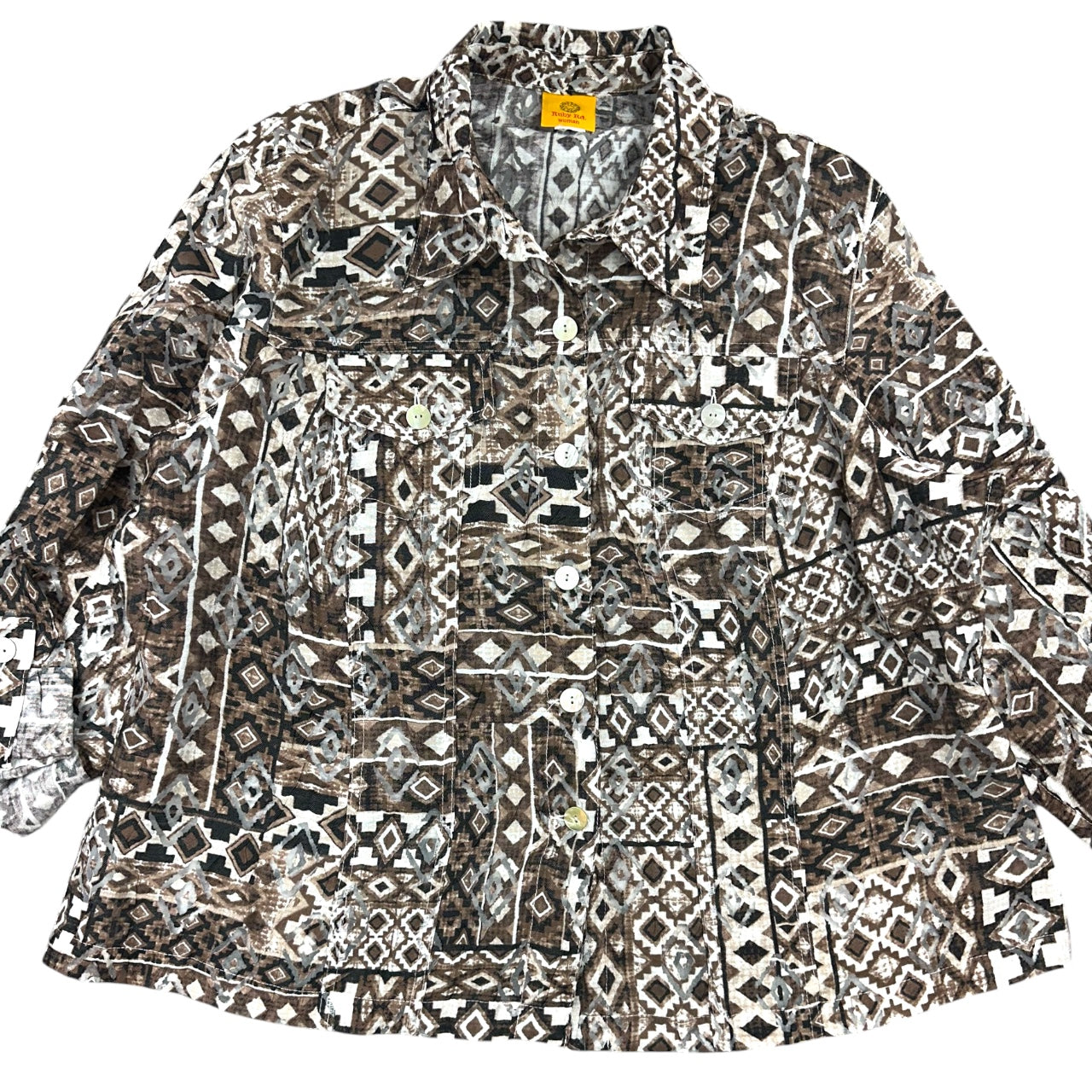 Vintage 90s Ruby Rd. Artsy Boho Geometric Tribal Print Button Up