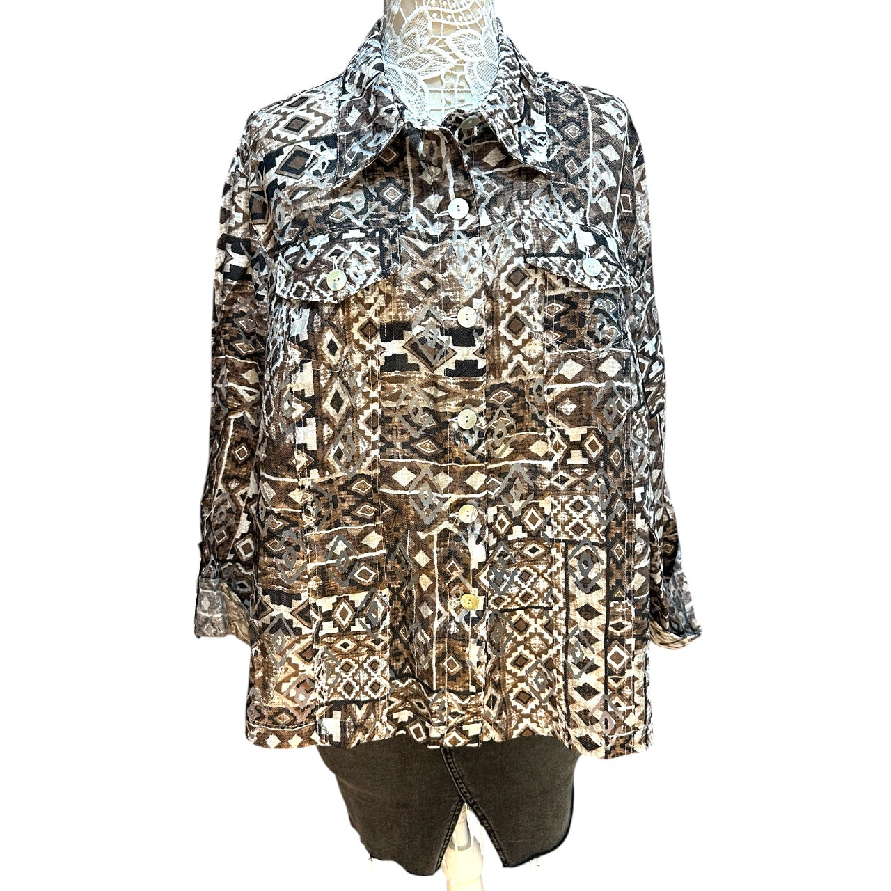 Vintage 90s Ruby Rd. Artsy Boho Geometric Tribal Print Button Up