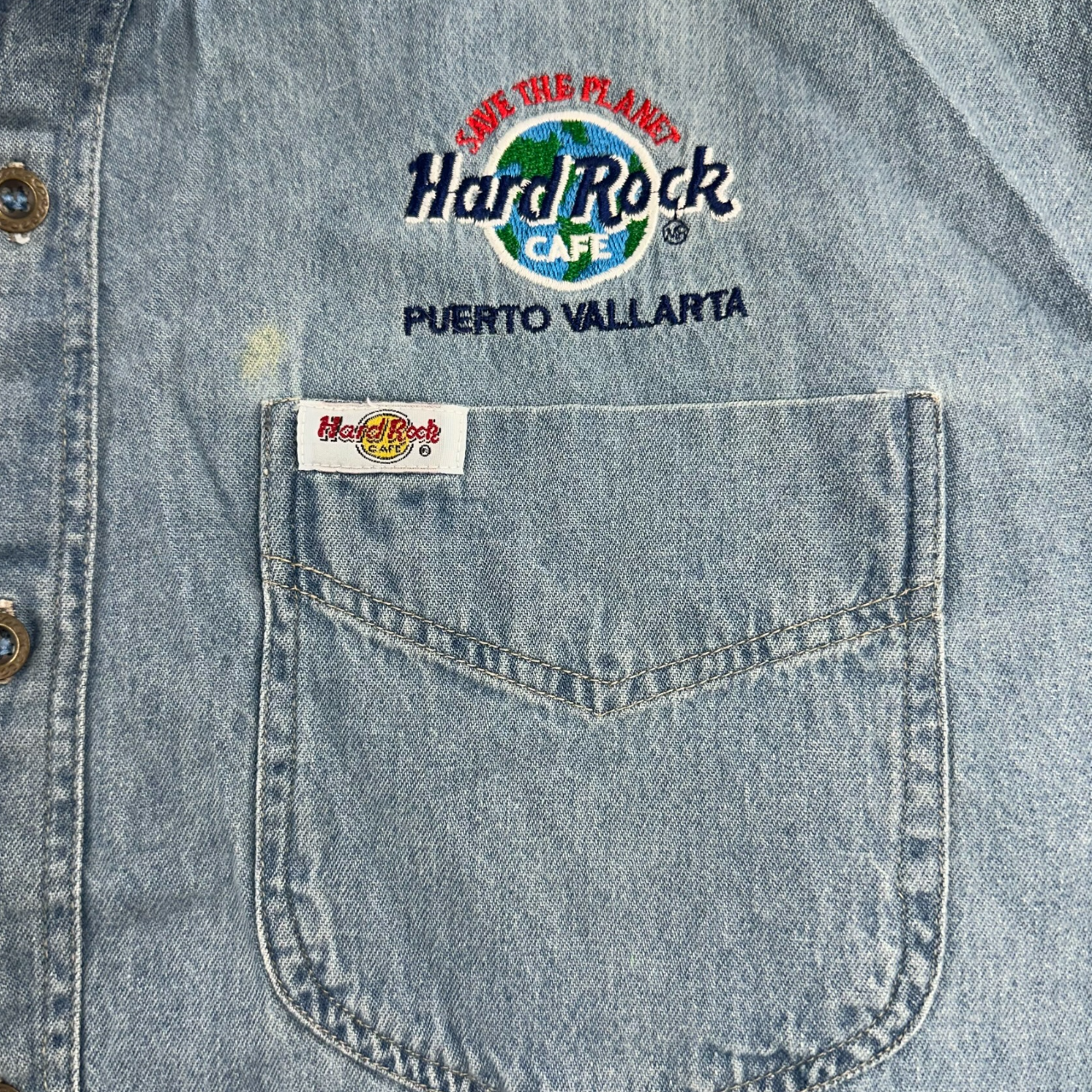 Vintage 90s Hard Rock Cafe Puerto Vallarta Denim Shirt