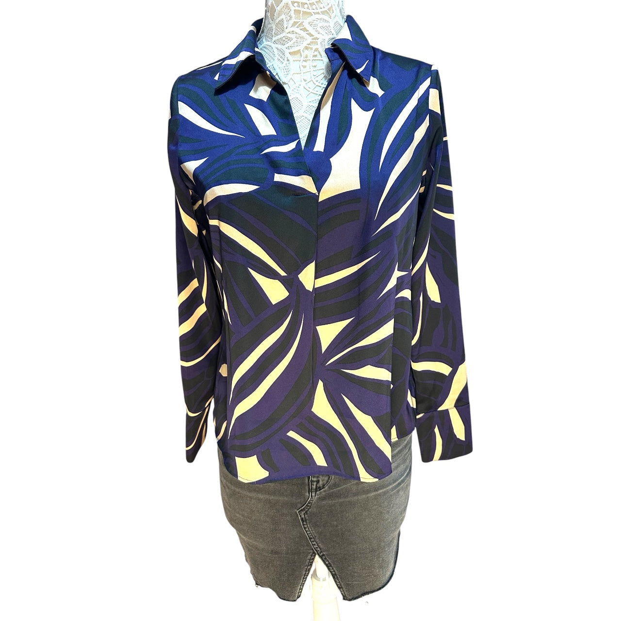 Vintage Y2K Worthington Abstract Swirl Purple & Gold Office Siren Blouse