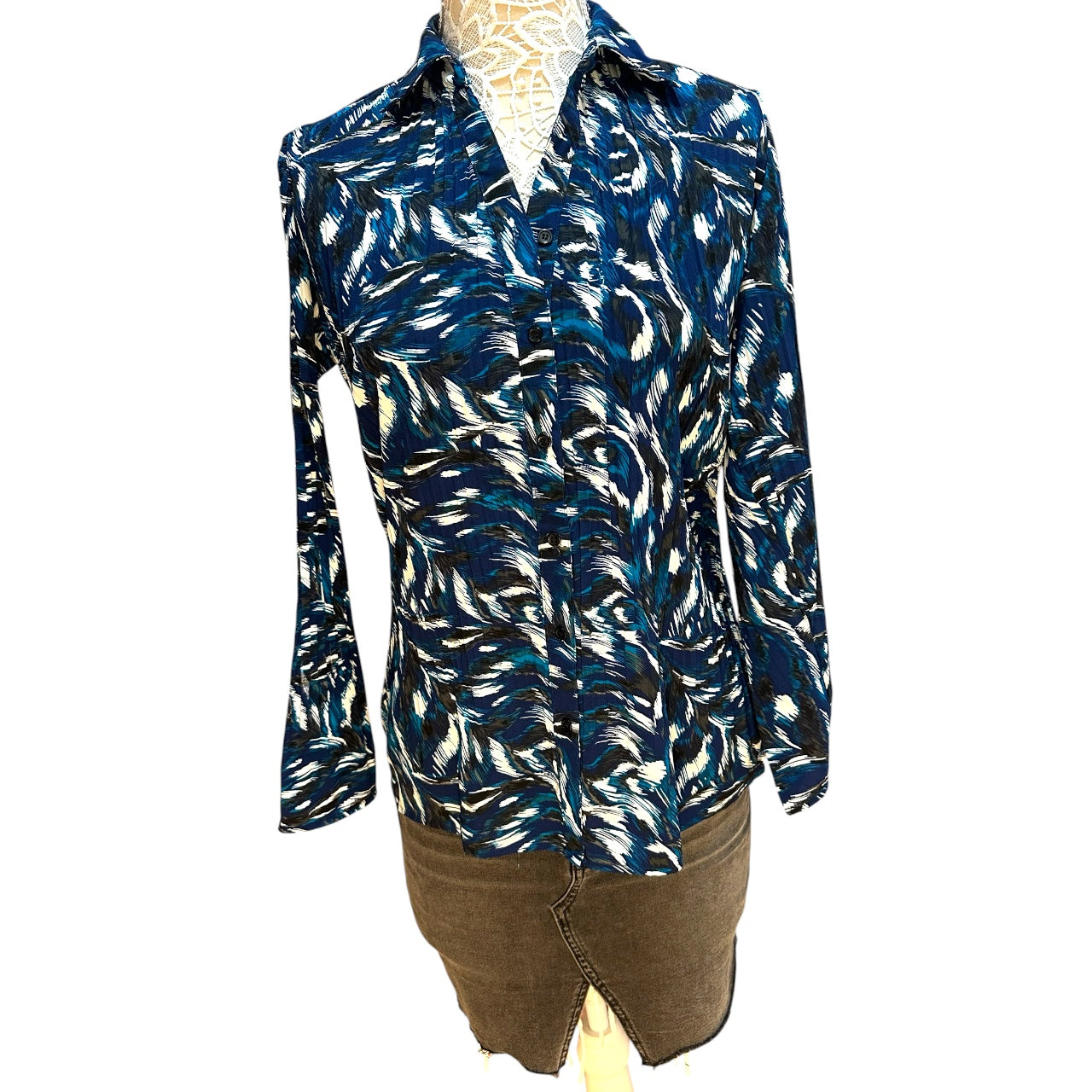 Vintage Y2K Fred David Blue Abstract Office Siren Blouse
