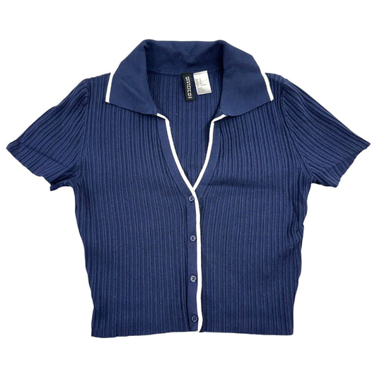 Y2K Preppy H&M Divided Navy Blue Ribbed Polo Cardigan Top