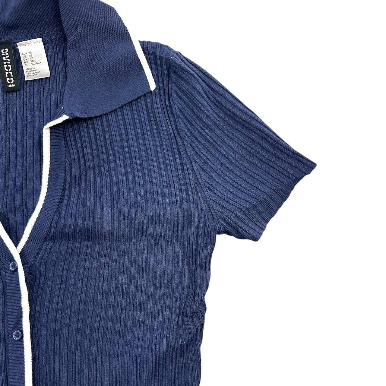 Y2K Preppy H&M Divided Navy Blue Ribbed Polo Cardigan Top