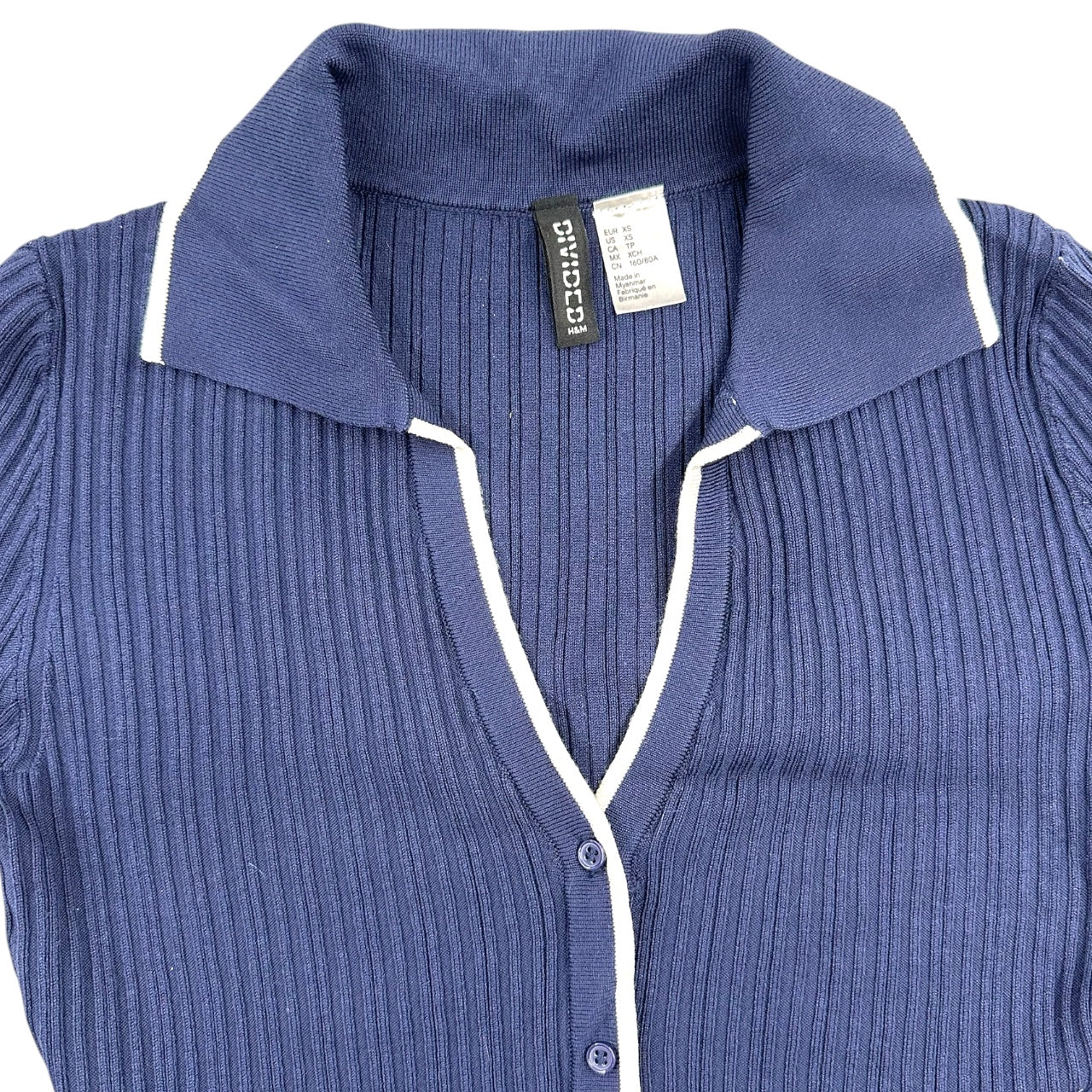 Y2K Preppy H&M Divided Navy Blue Ribbed Polo Cardigan Top