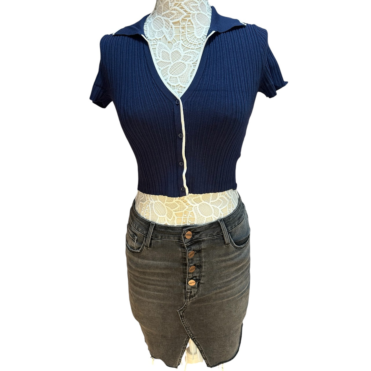 Y2K Preppy H&M Divided Navy Blue Ribbed Polo Cardigan Top