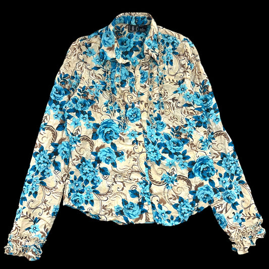 Vintage Y2K INC Blue Floral Ruffle Blouse