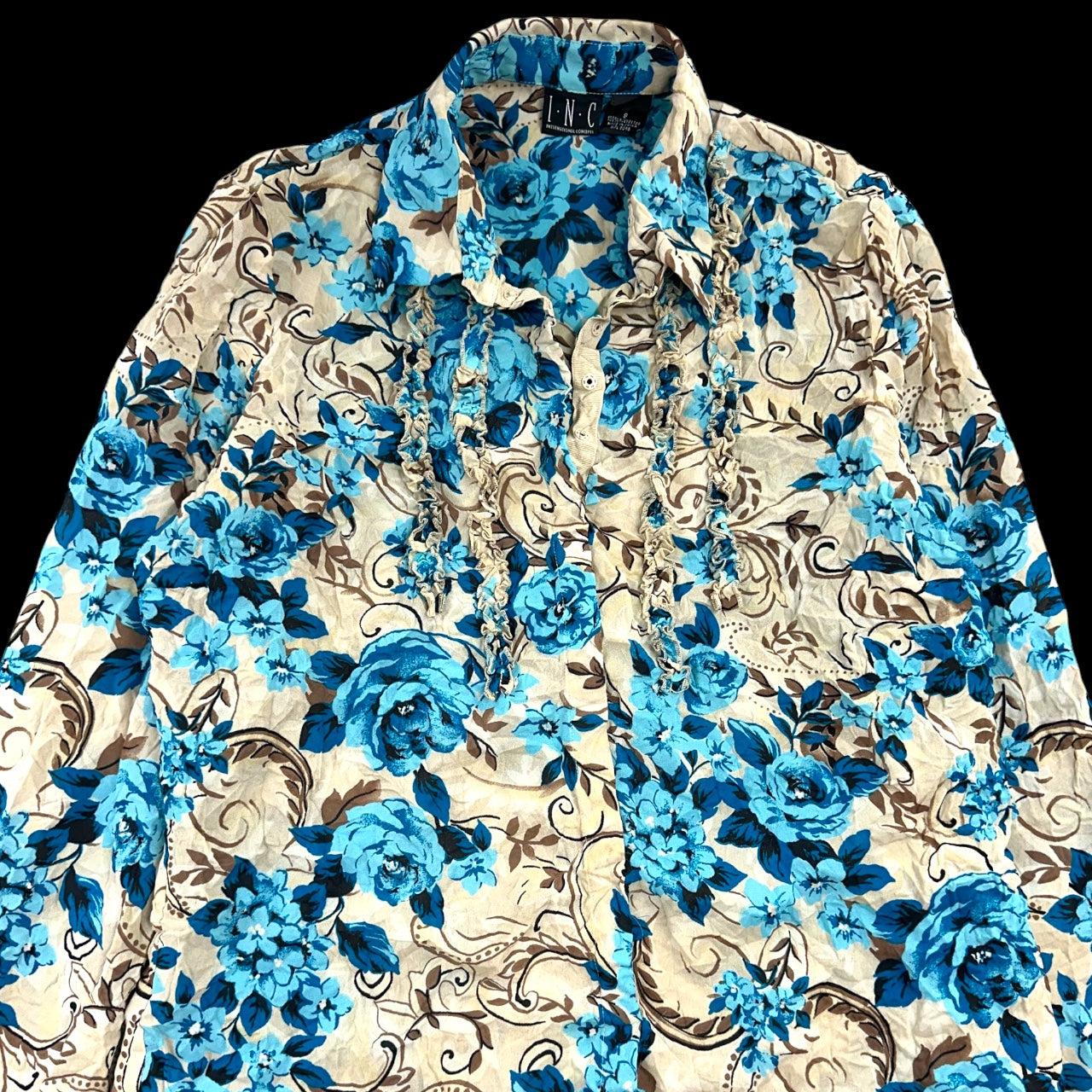 Vintage Y2K INC Blue Floral Ruffle Blouse