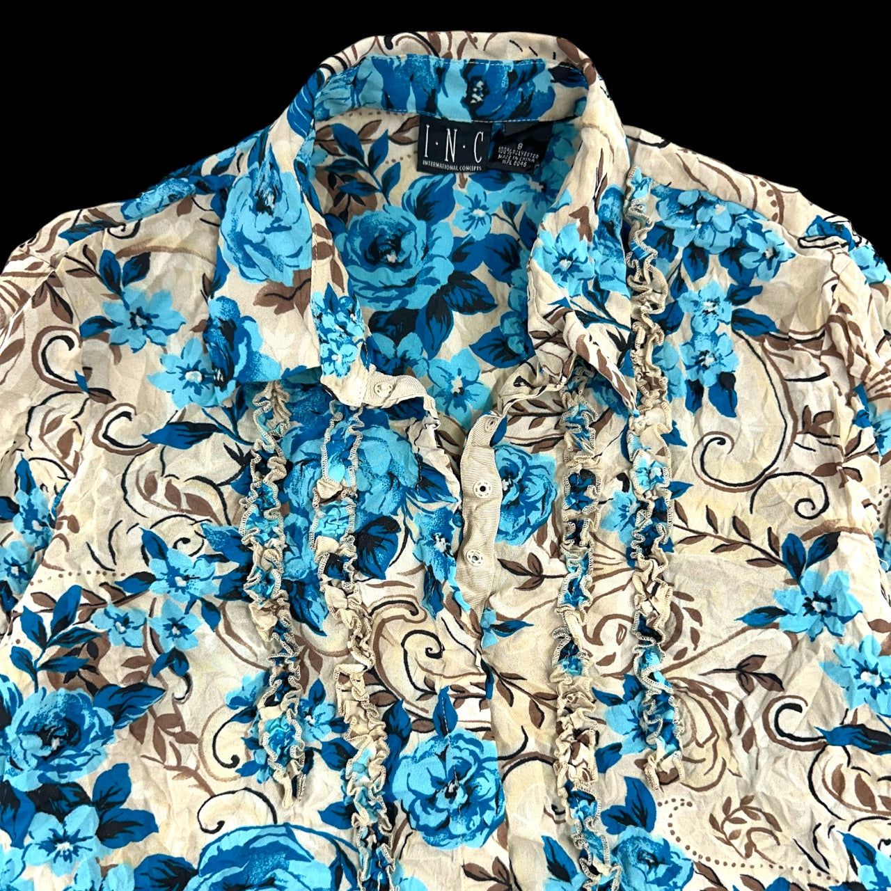 Vintage Y2K INC Blue Floral Ruffle Blouse