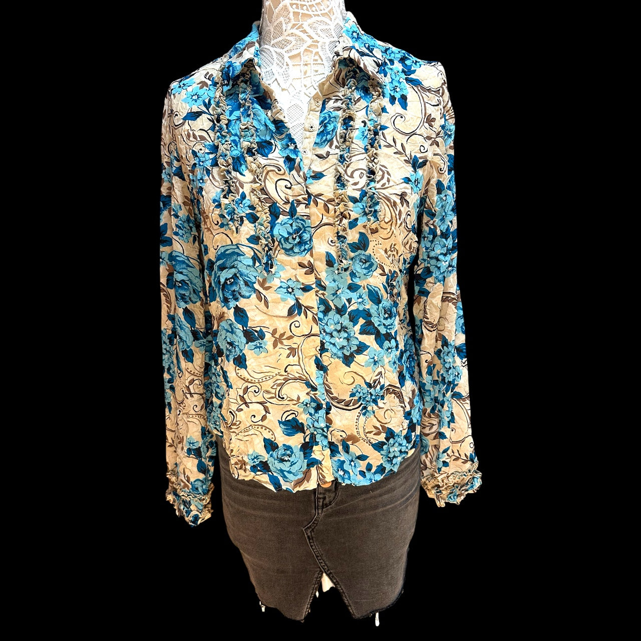 Vintage Y2K INC Blue Floral Ruffle Blouse
