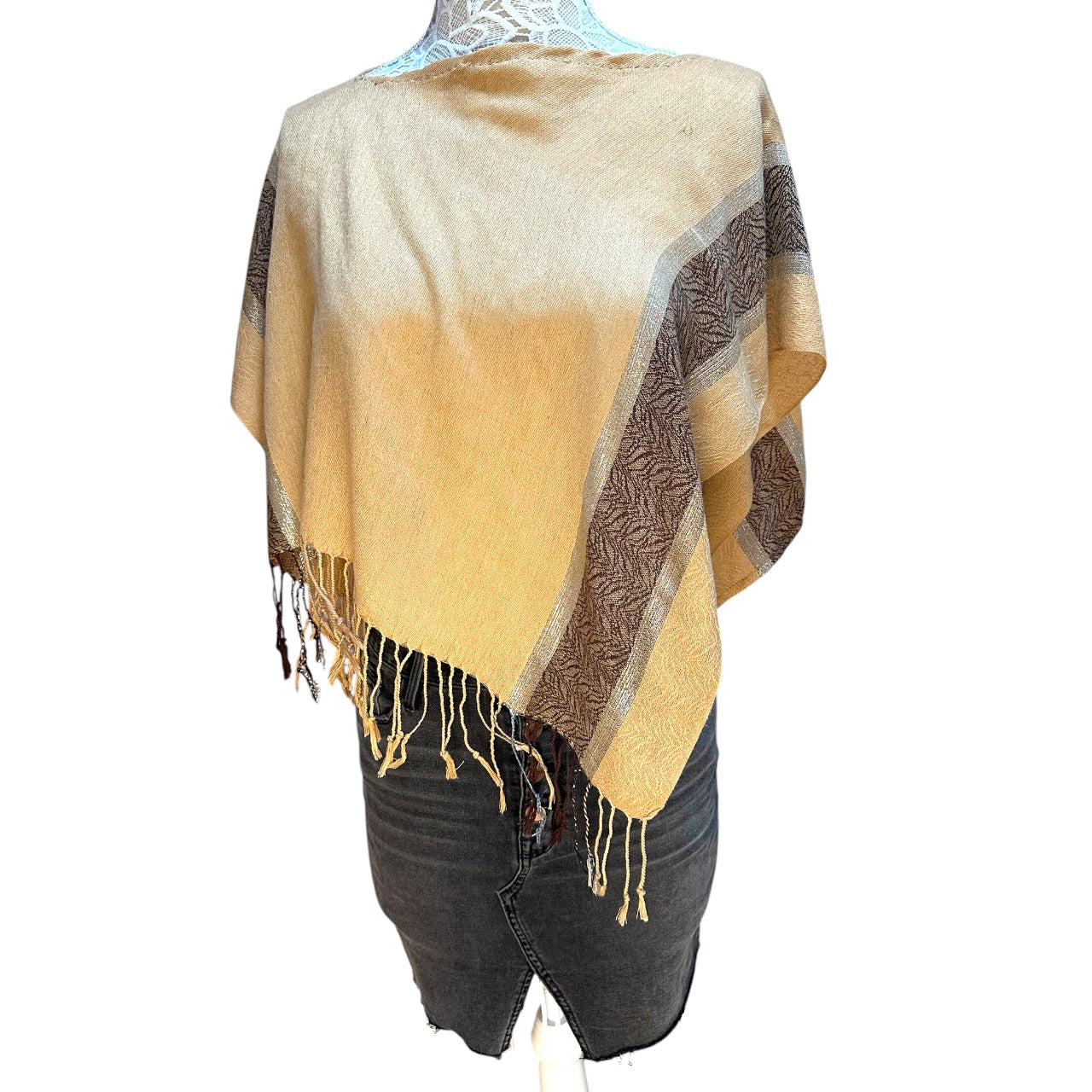 Vintage Boho Tan & Brown Fringe Poncho