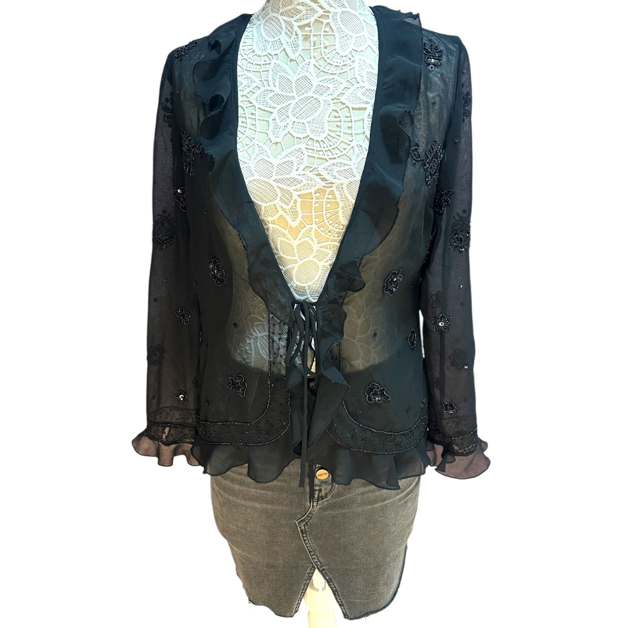 Vintage Coldwater Creek Sheer Beaded Ruffle Cardigan