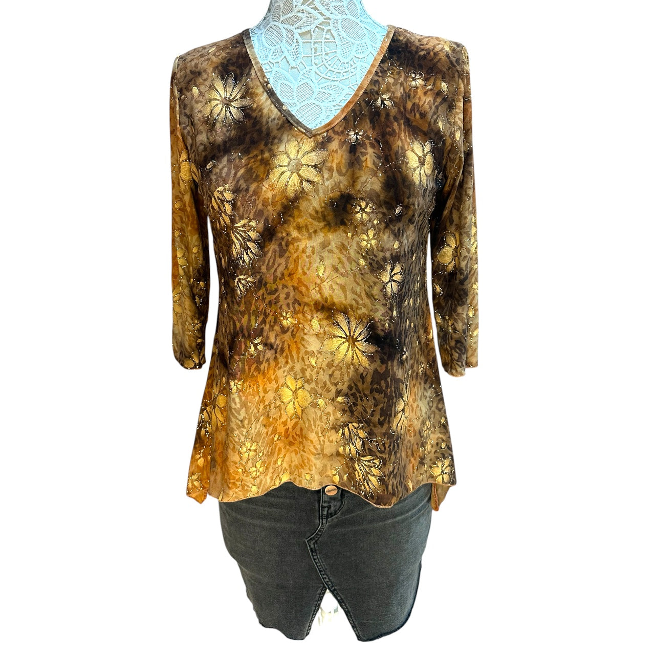 Vintage Y2K Dressbarn Whimsigoth Glitter Floral Tunic