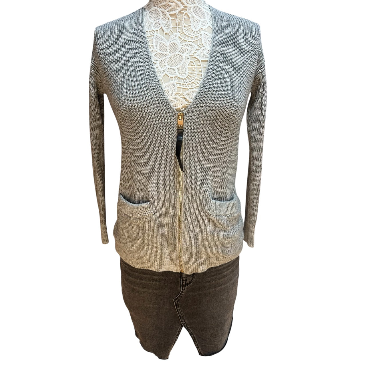Vince Camuto Grey Ribbed Zip Up Knit Cardigan