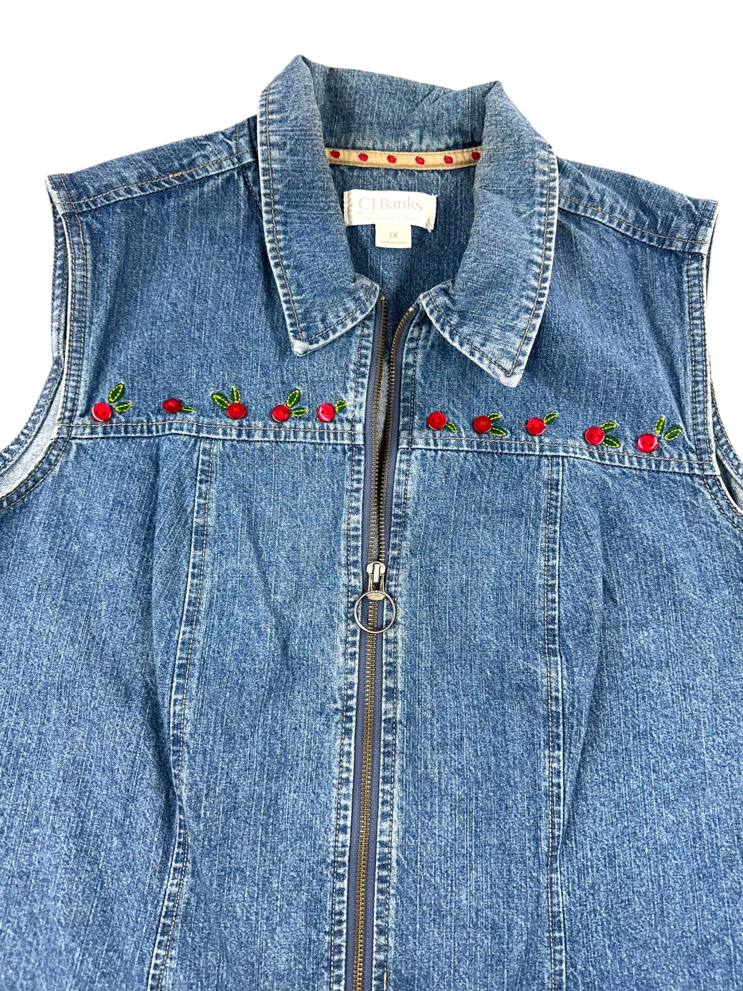 Vintage Y2K C.J. Banks Cherry Embroidered Denim Vest