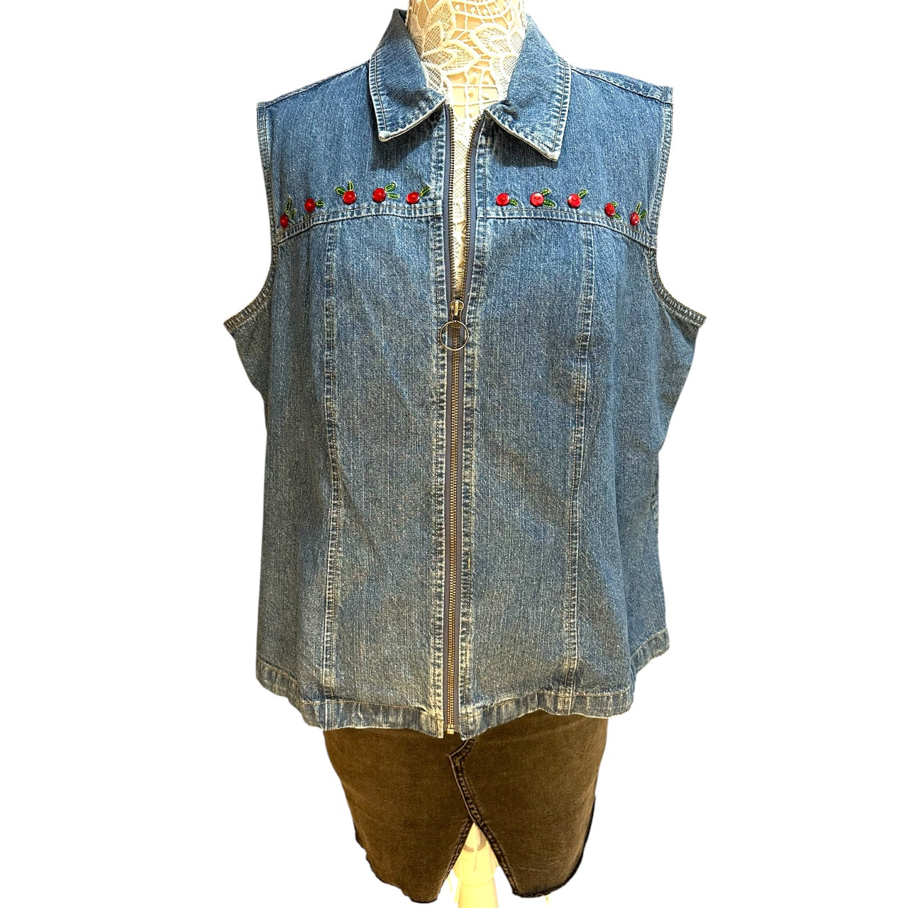 Vintage Y2K C.J. Banks Cherry Embroidered Denim Vest