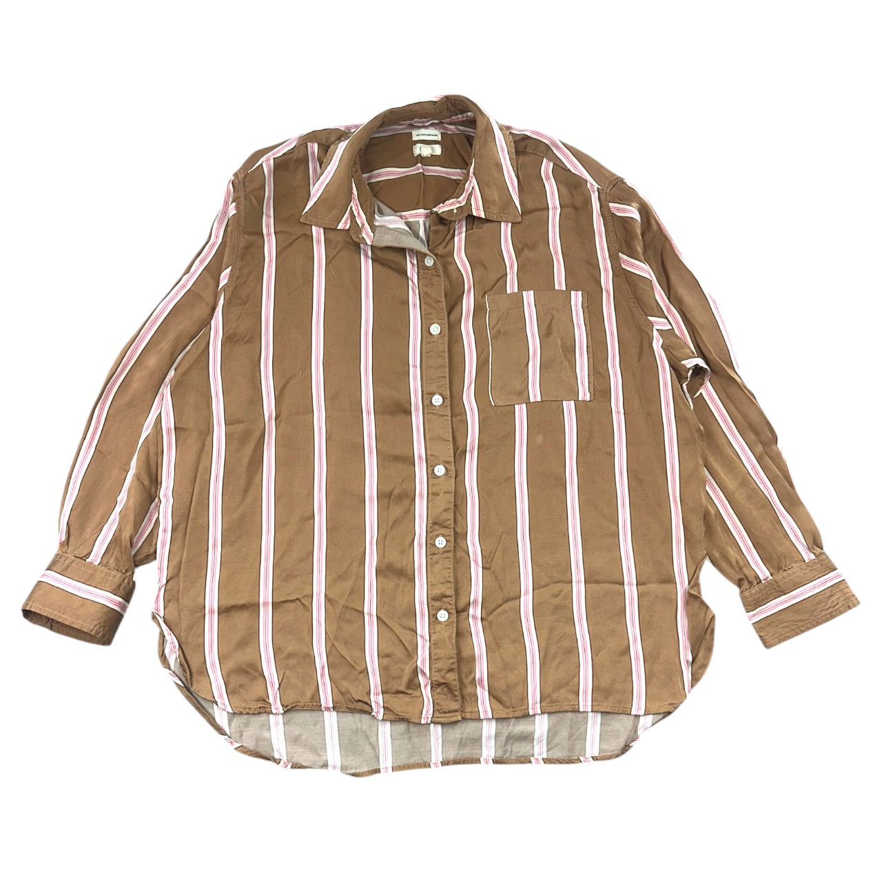 Aerie Satin PJ To Party Shirt Mocha & Pink Stripe