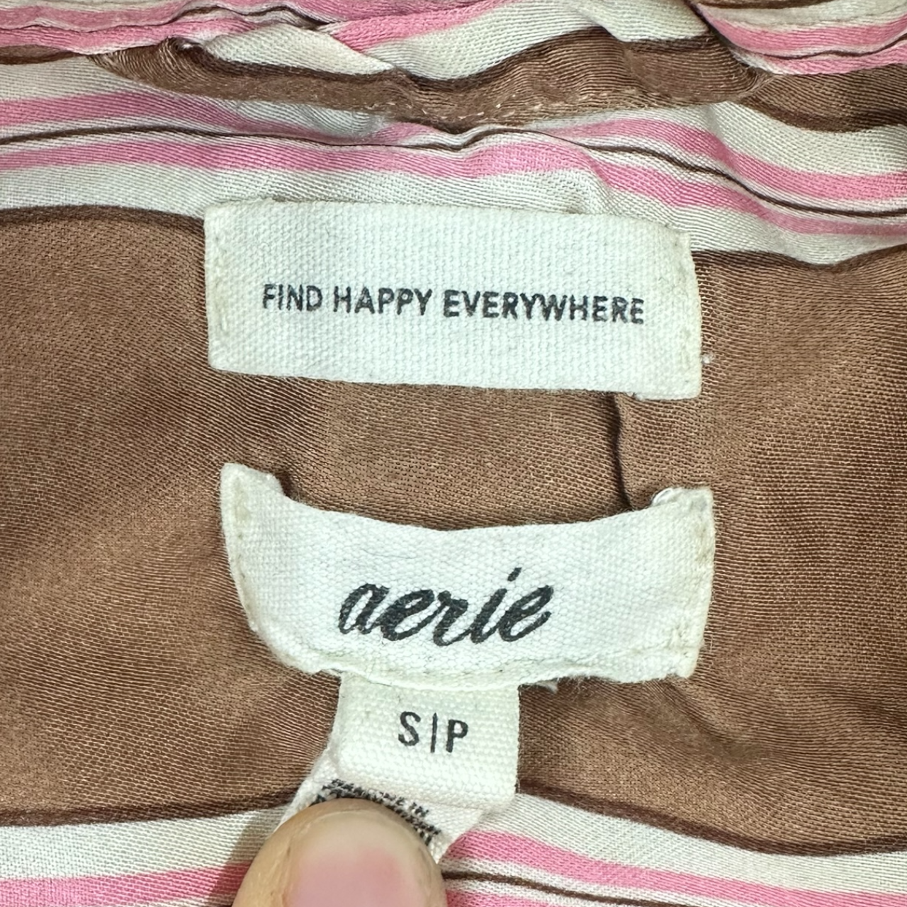 Aerie Satin PJ To Party Shirt Mocha & Pink Stripe