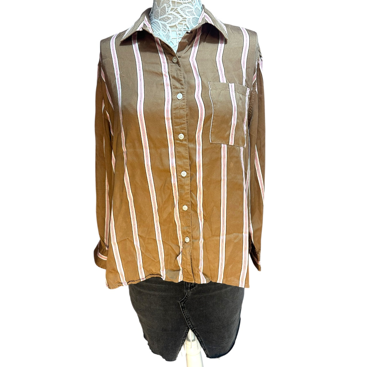 Aerie Satin PJ To Party Shirt Mocha & Pink Stripe
