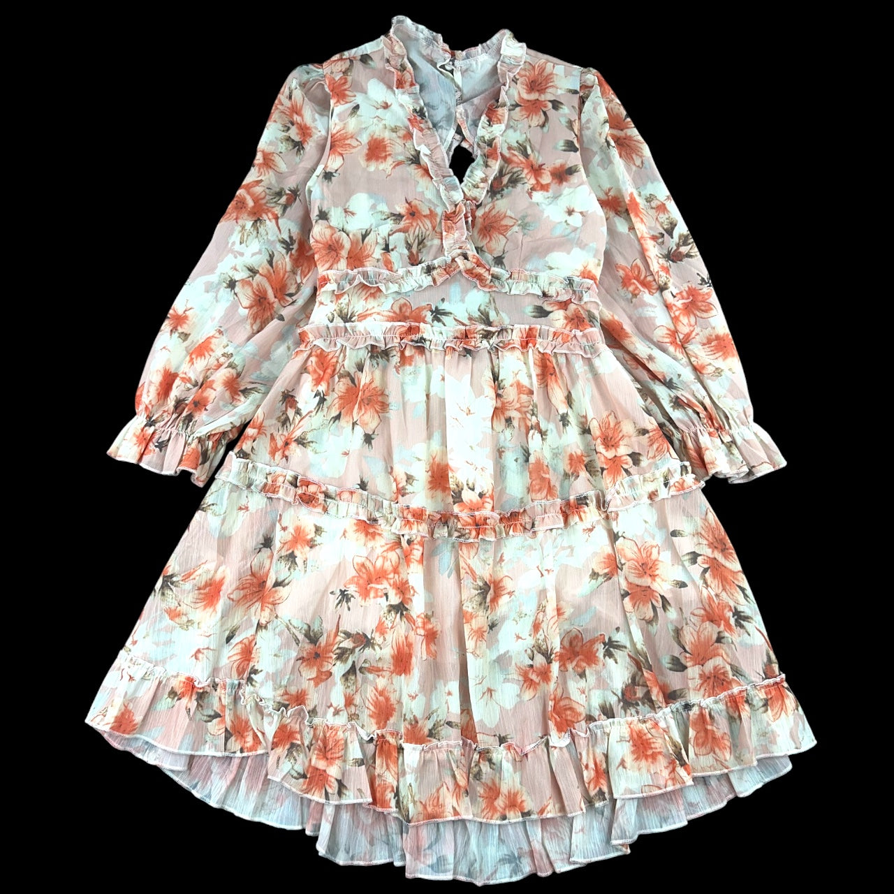 Romantic Carolyn Marie Long Sleeve Floral Ruffle Open Back Dress