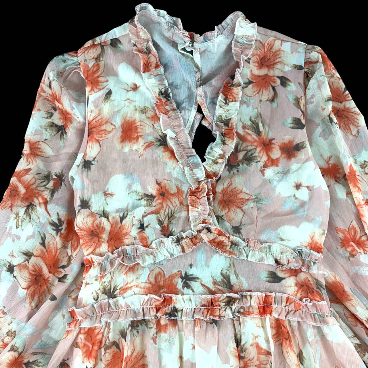 Romantic Carolyn Marie Long Sleeve Floral Ruffle Open Back Dress