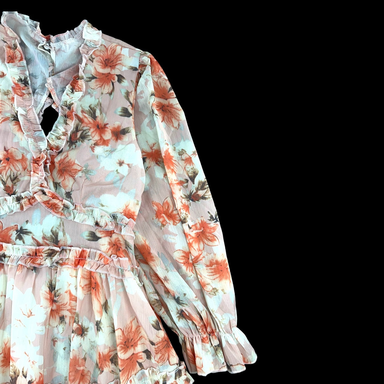 Romantic Carolyn Marie Long Sleeve Floral Ruffle Open Back Dress