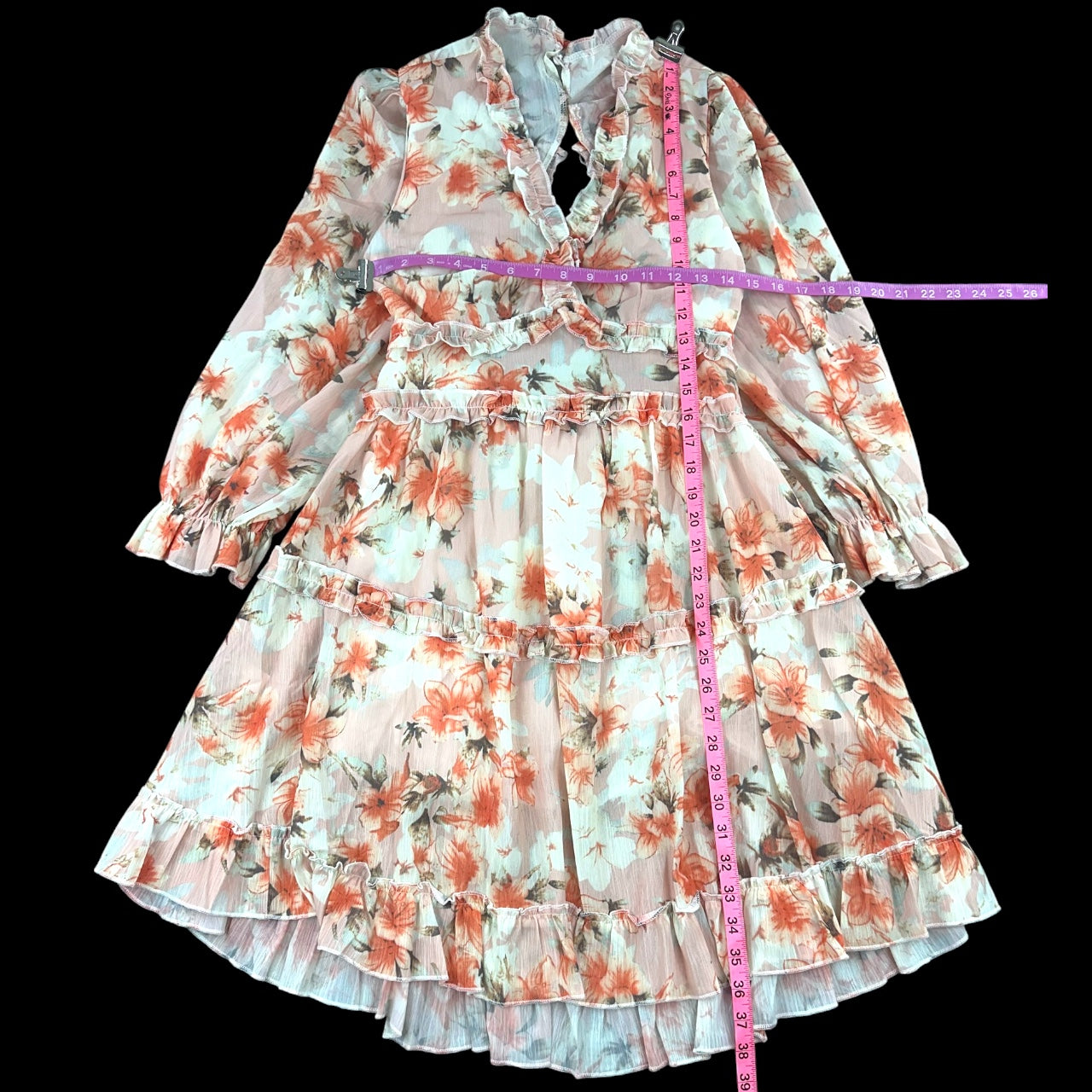 Romantic Carolyn Marie Long Sleeve Floral Ruffle Open Back Dress