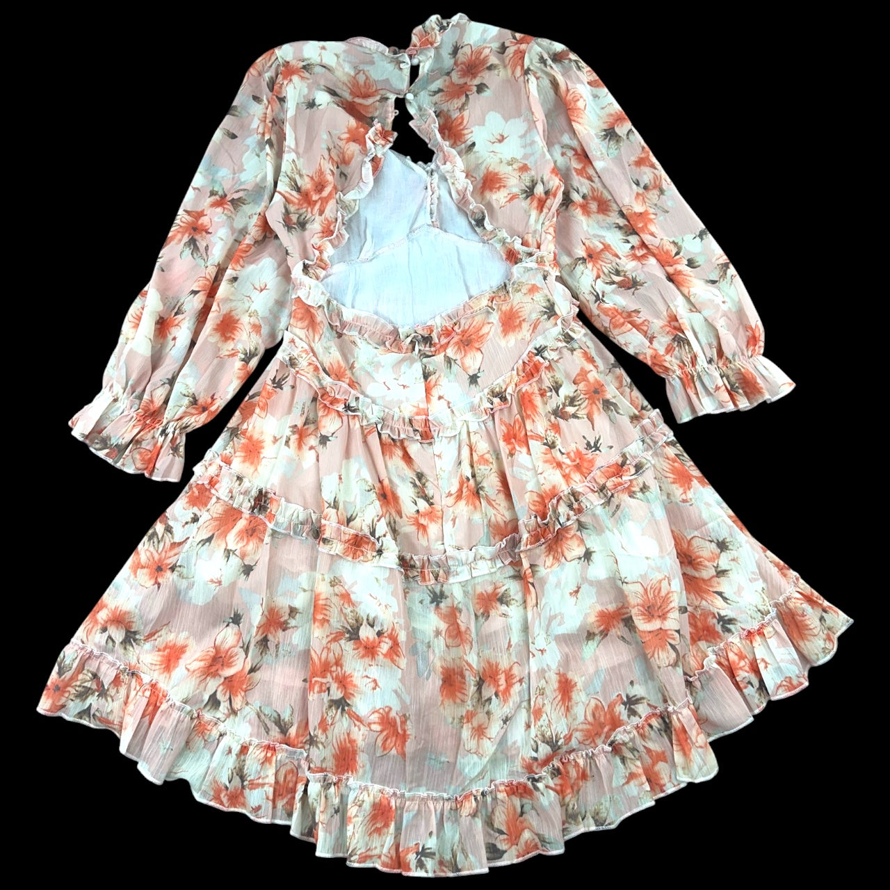 Romantic Carolyn Marie Long Sleeve Floral Ruffle Open Back Dress