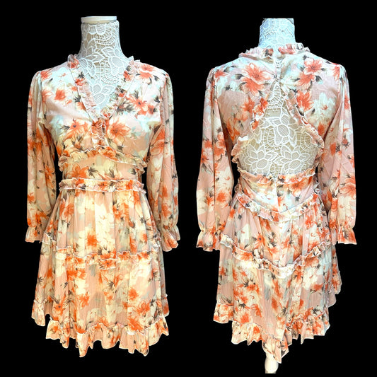 Romantic Carolyn Marie Long Sleeve Floral Ruffle Open Back Dress