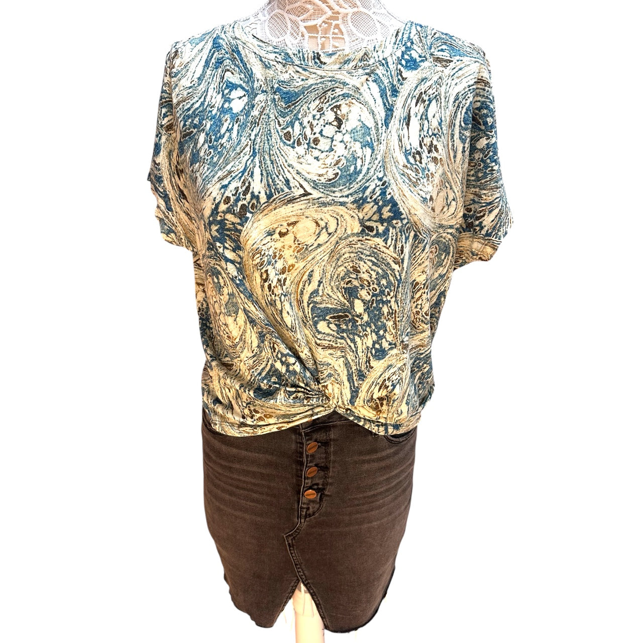 Y2K Psychedelic Liverpool Los Angeles Teal Marbled Swirl Twist Front Tee