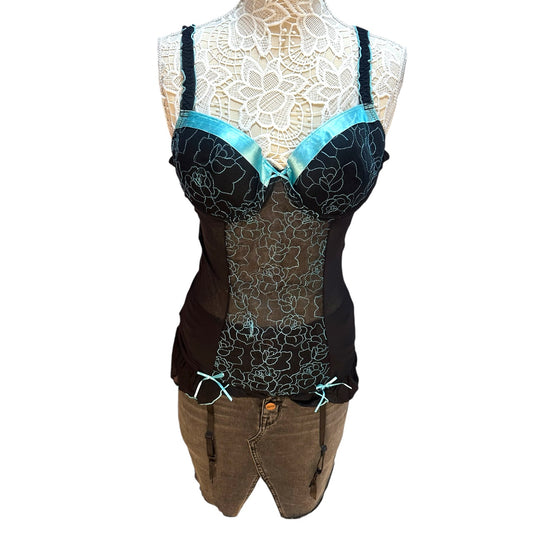 Vintage Undercover Wear Black & Turquoise Floral Corset Top With Bows