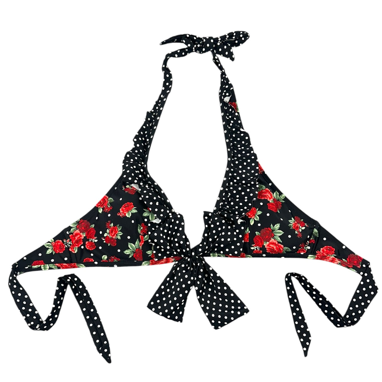 Y2K Hot Topic Retro Pin Up Rose & Polka Dot Ruffle Bikini Top