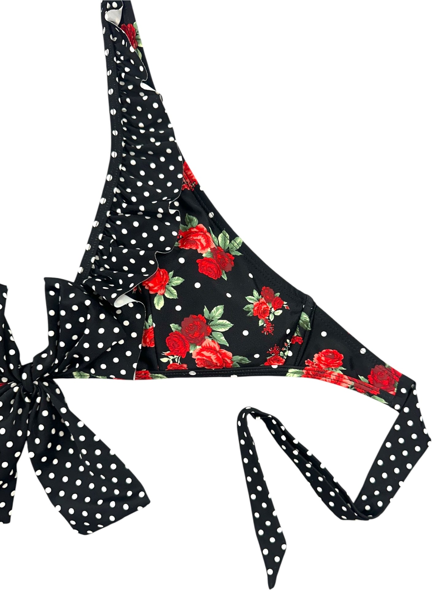 Y2K Hot Topic Retro Pin Up Rose & Polka Dot Ruffle Bikini Top
