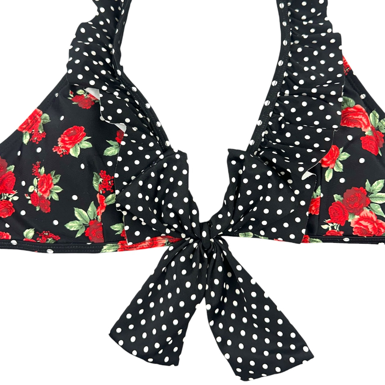 Y2K Hot Topic Retro Pin Up Rose & Polka Dot Ruffle Bikini Top