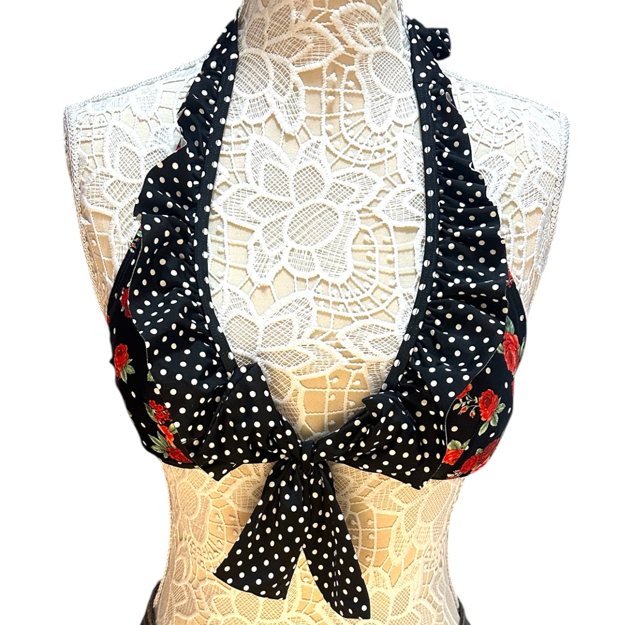 Y2K Hot Topic Retro Pin Up Rose & Polka Dot Ruffle Bikini Top