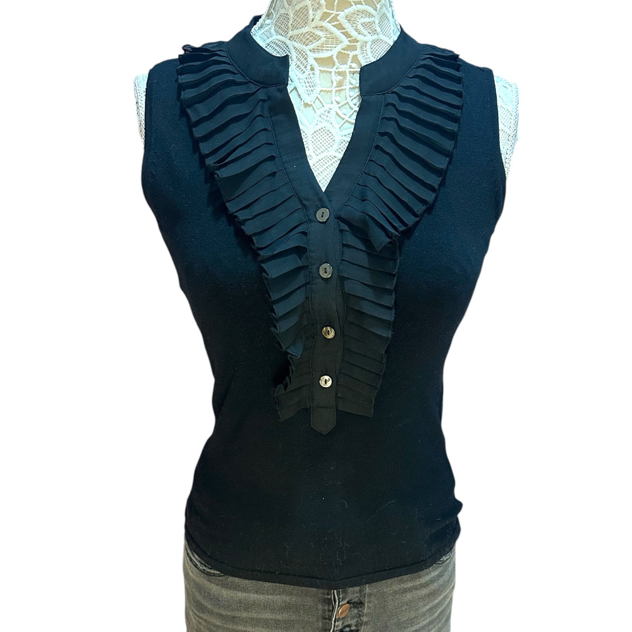 Vintage Cache Pleated Ruffle Sleeveless Blouse