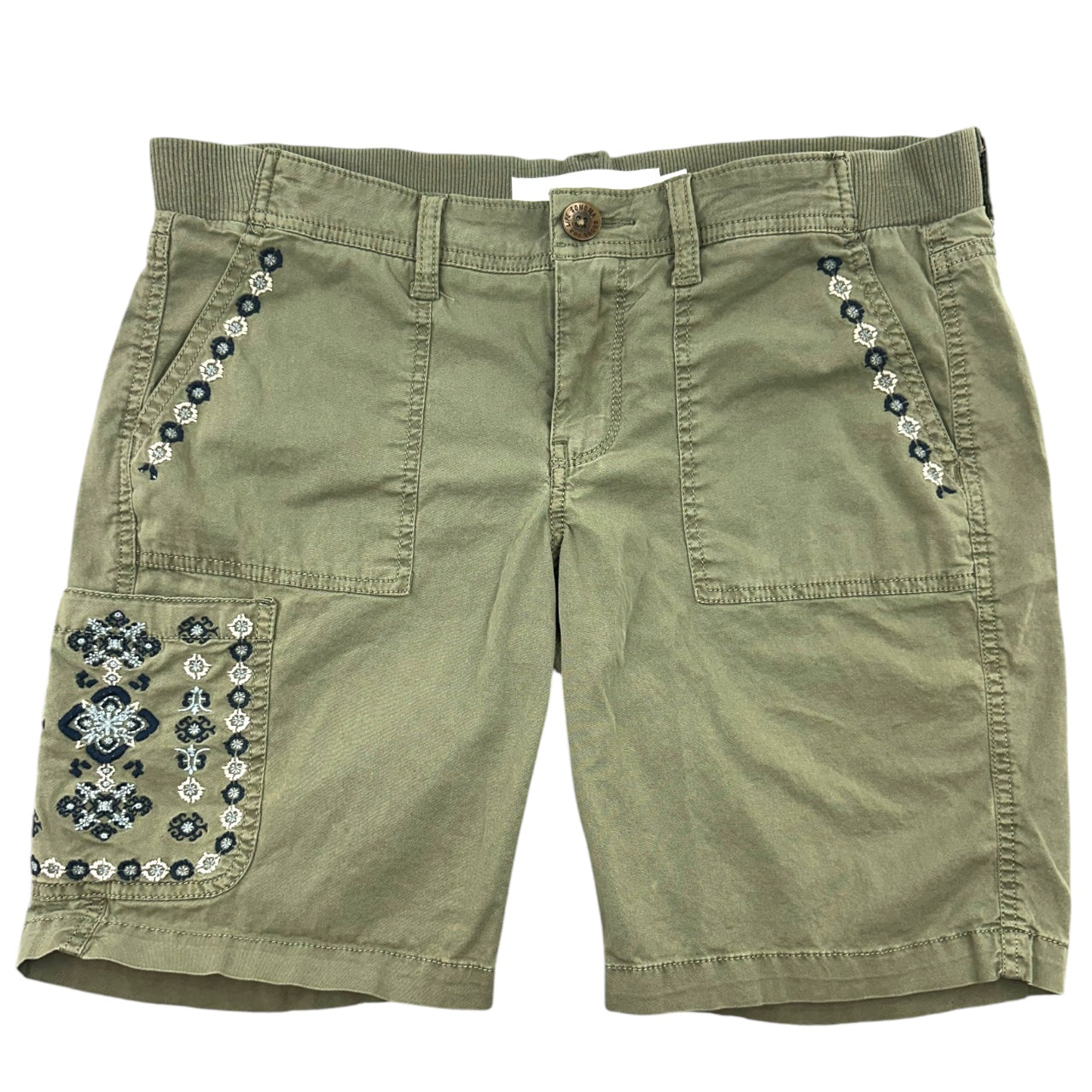 Boho Embroidered Olive Utility Bermuda Shorts