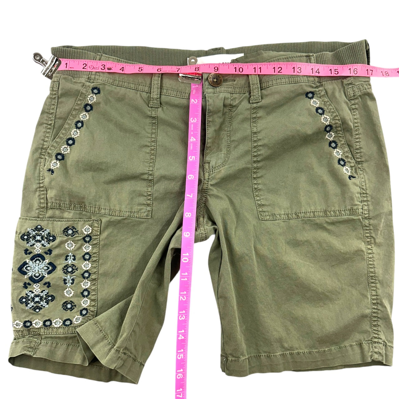 Boho Embroidered Olive Utility Bermuda Shorts