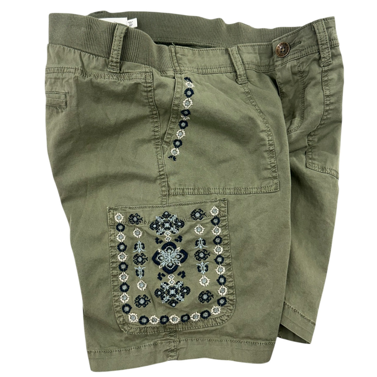 Boho Embroidered Olive Utility Bermuda Shorts