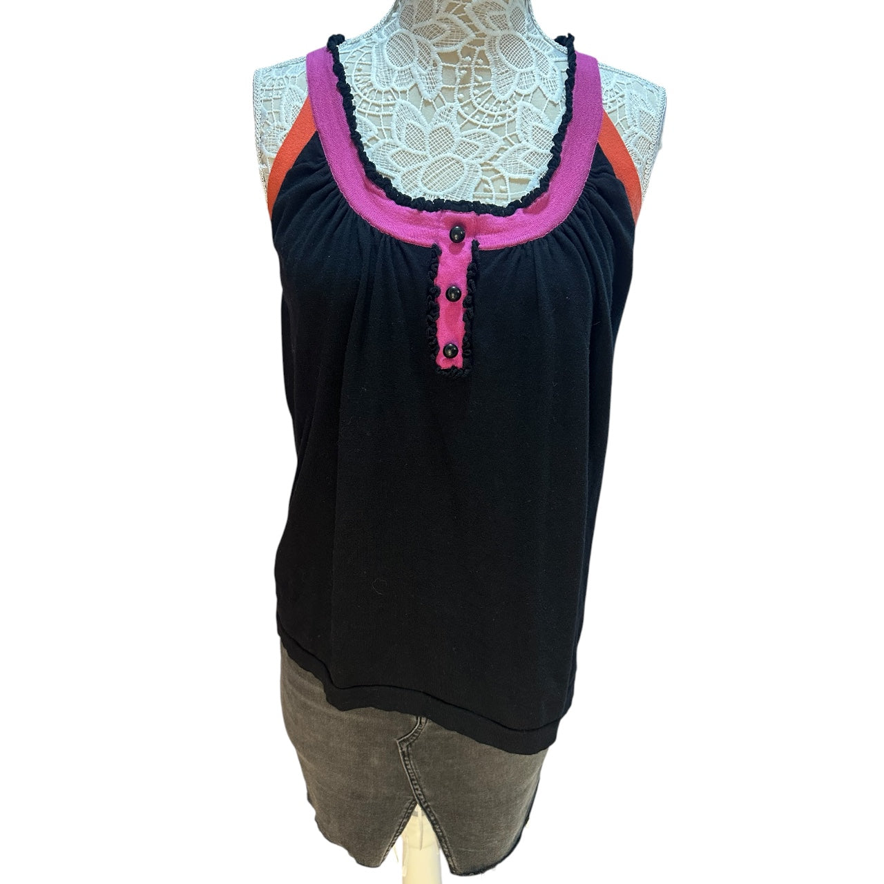 Y2K August Silk Ruffle Trim Colorblock Henley Tank Top