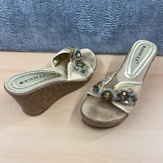 Y2K Rasolli Gold Sequin & Beaded Cork Wedge Sandals