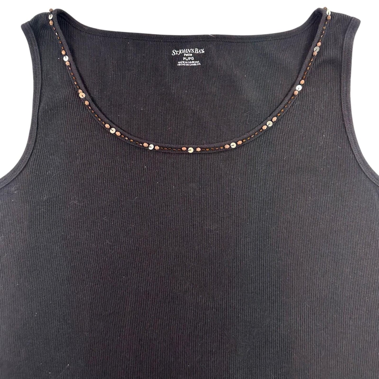 St. John's Bay Y2K Black Ribbed Tank Top with Beaded Neckline