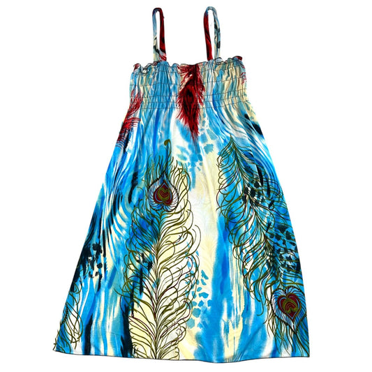 Ace Fashion Y2K Midi Dress Peacock Feather Print Blue Red Smocked Bodice