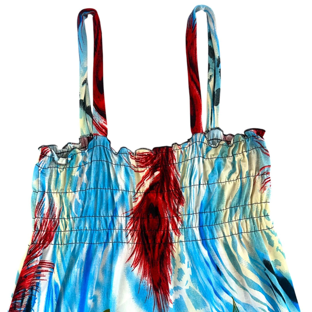 Ace Fashion Y2K Midi Dress Peacock Feather Print Blue Red Smocked Bodice